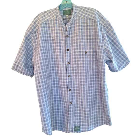 Baxter Brand Natural Clothing Shirt Linen Cotton Blend Blue Plaid L Band Collar - Picture 2 of 15